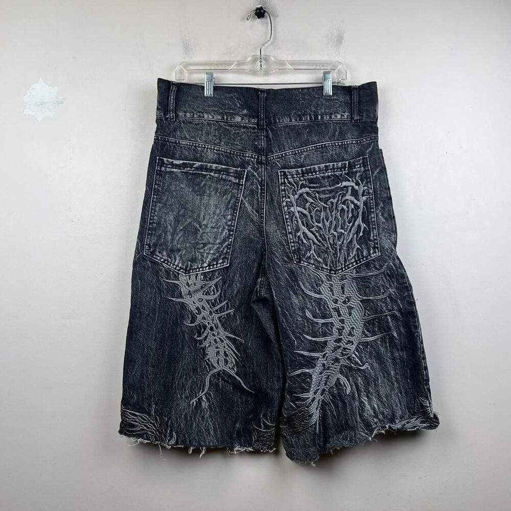 Y2K JNCO Style Black Denim Shorts With White Flame Design Size M